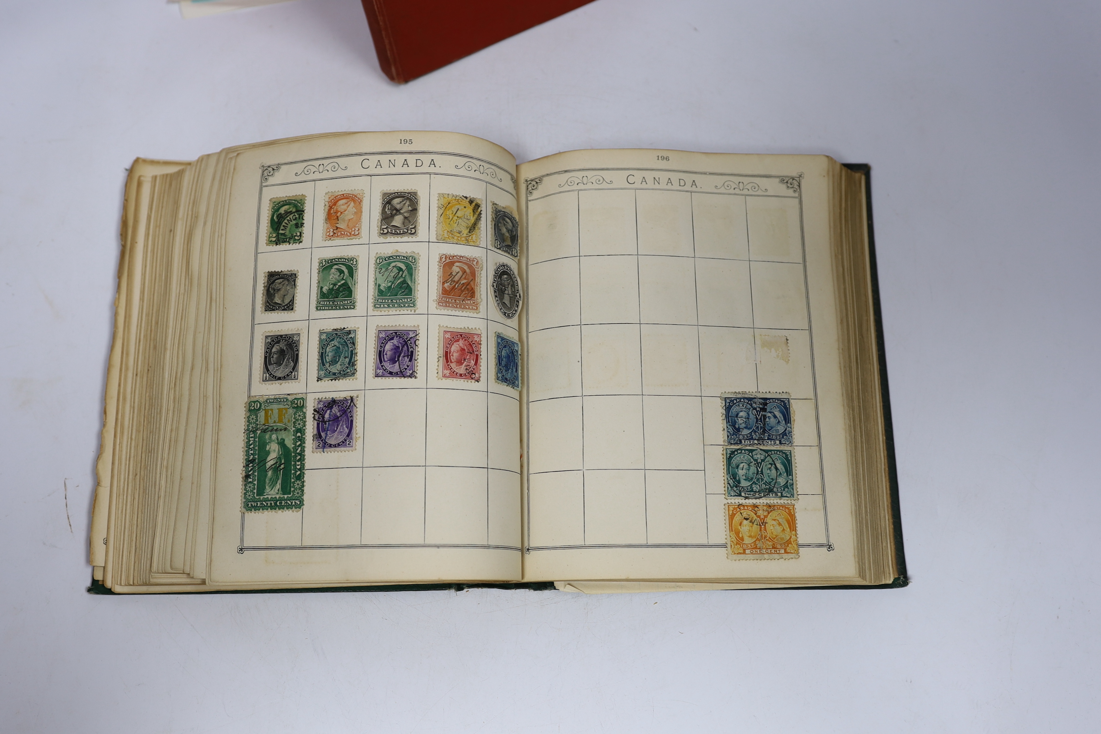 A Lincoln Stamp Album, sparsely mounted with an all world accumulation of late 19th/early 20th century all world issues; a Royal Mail stamp album, one other and two mounted blocks of Australian Test Cricket Centenary (18